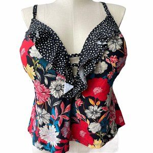 Time & Tru Tankini Top, Ruffle Floral/Polka Dot 3X